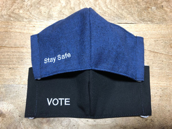 Picture of VOTE, Stay Safe, or Customized Phrase Embroidered Face Mask (elastic ear or head loops) for MEN OR WOMEN with Filter Pocket-Washable-Double Layer-Follows CDC Guidelines